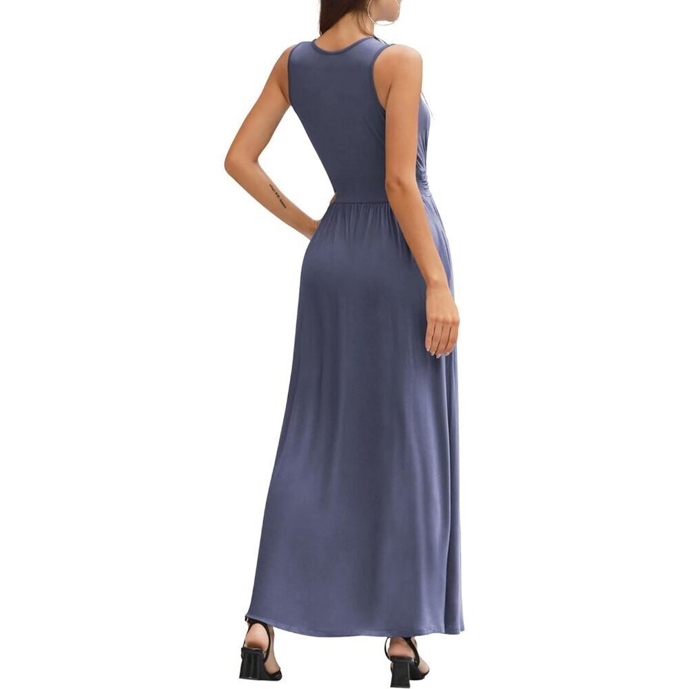Women Purple Grey Deep V Neck Sleeveless Loose Plain Long Maxi Stretchy Dress - Picture 6 of 6